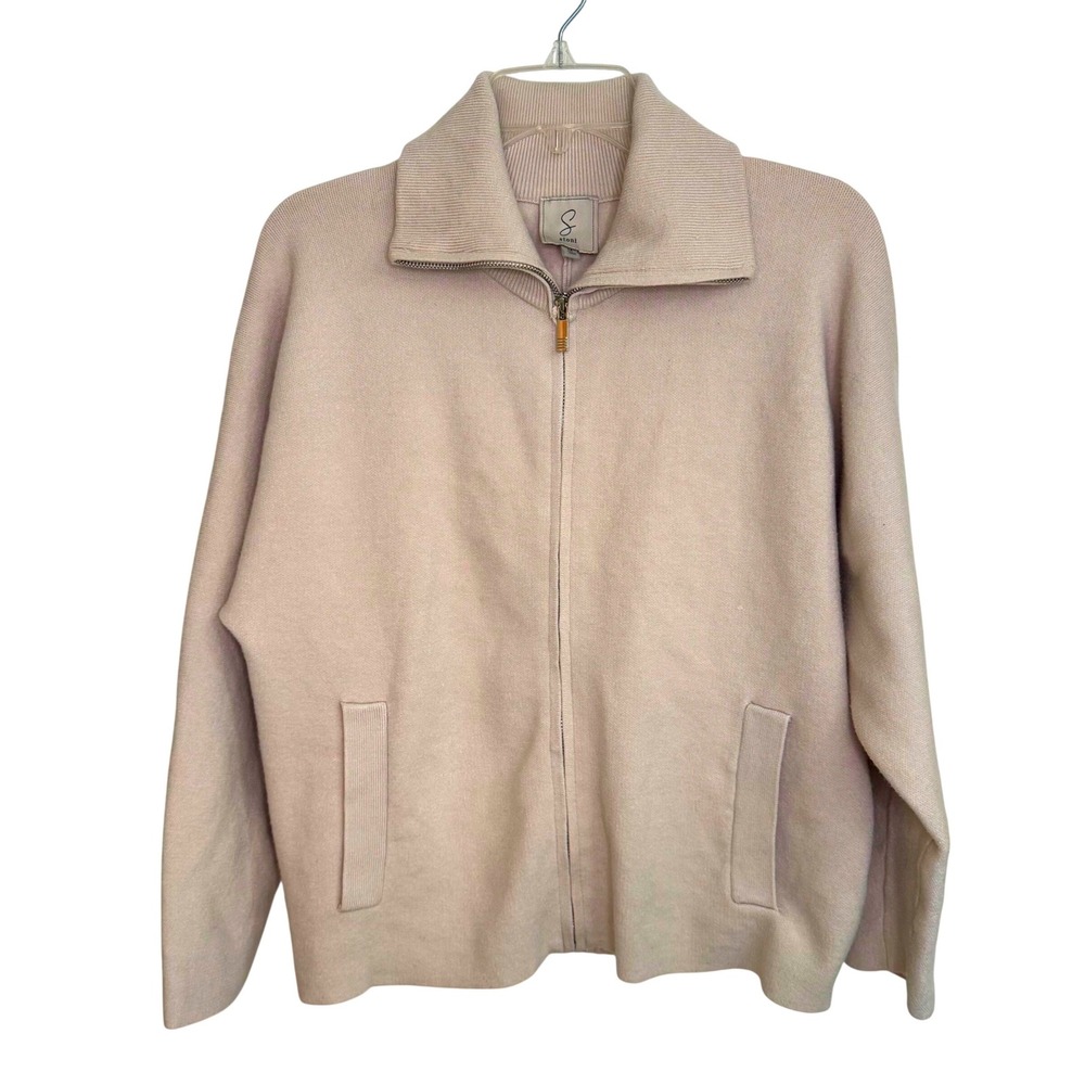 Minimalist Chic Funnel Neck Full Zip Sweater Jacket Beige Rayon Sioni M Women